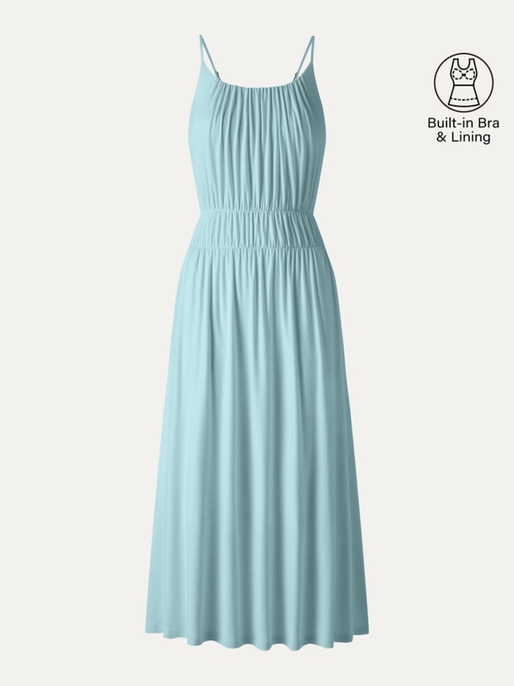 OGL Vacay Gathered U-Neck Spaghetti Midi Bra Dress with Pockets in Sea Corn